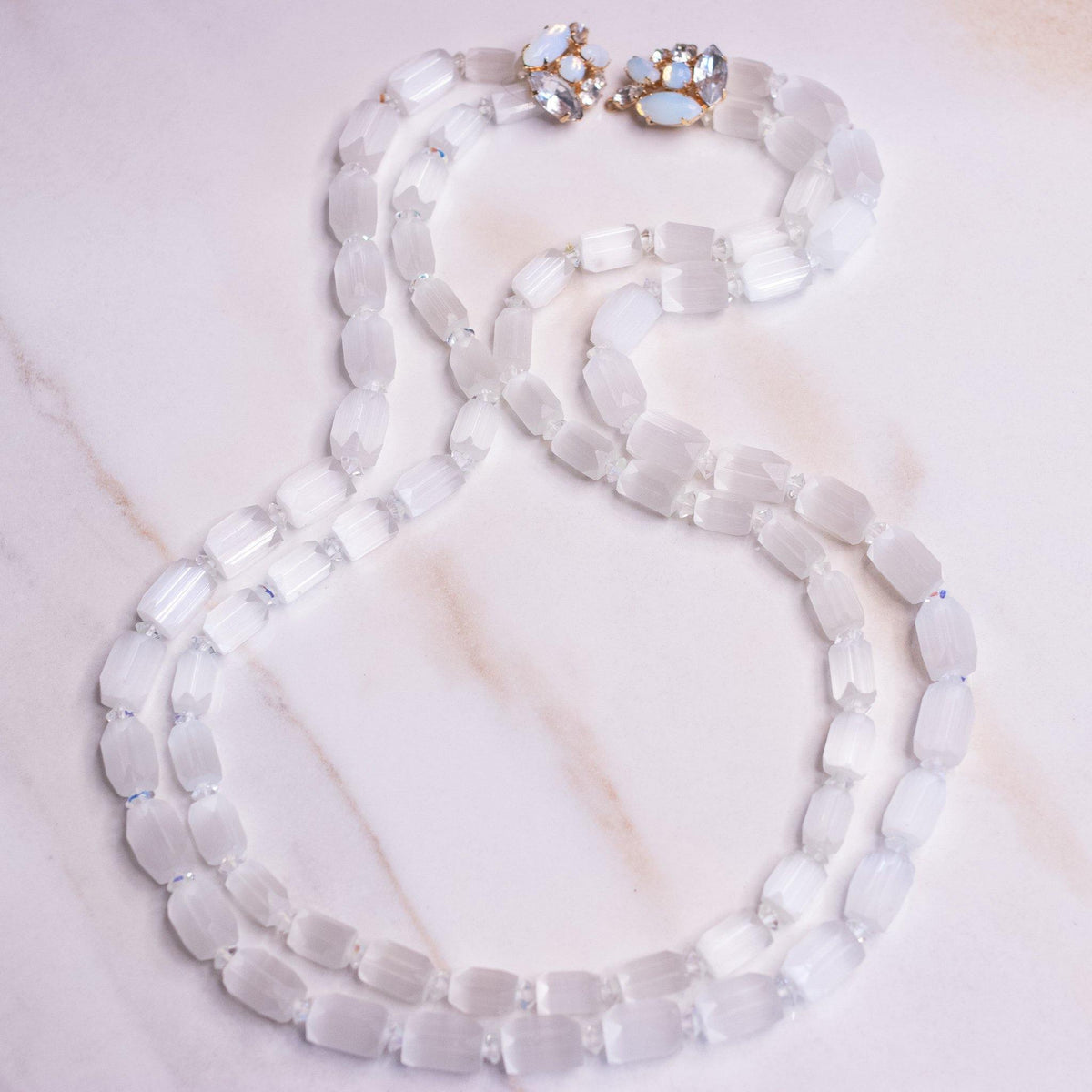 Vintage Matte Crystal with Opaline Clasp Double Strand Necklace