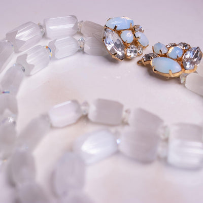 Vintage Matte Crystal with Opaline Clasp Double Strand Necklace by Valjean - Vintage Meet Modern Vintage Jewelry - Chicago, Illinois - #oldhollywoodglamour #vintagemeetmodern #designervintage #jewelrybox #antiquejewelry #vintagejewelry