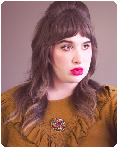 Vintage Medallion Brooch with Pink, Blue, and Green Rhinestones by Unsigned Beauty - Vintage Meet Modern Vintage Jewelry - Chicago, Illinois - #oldhollywoodglamour #vintagemeetmodern #designervintage #jewelrybox #antiquejewelry #vintagejewelry