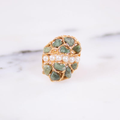 Vintage Mid Century Modern Jade and Faux Pearl Ring by Unsigned Beauty - Vintage Meet Modern Vintage Jewelry - Chicago, Illinois - #oldhollywoodglamour #vintagemeetmodern #designervintage #jewelrybox #antiquejewelry #vintagejewelry