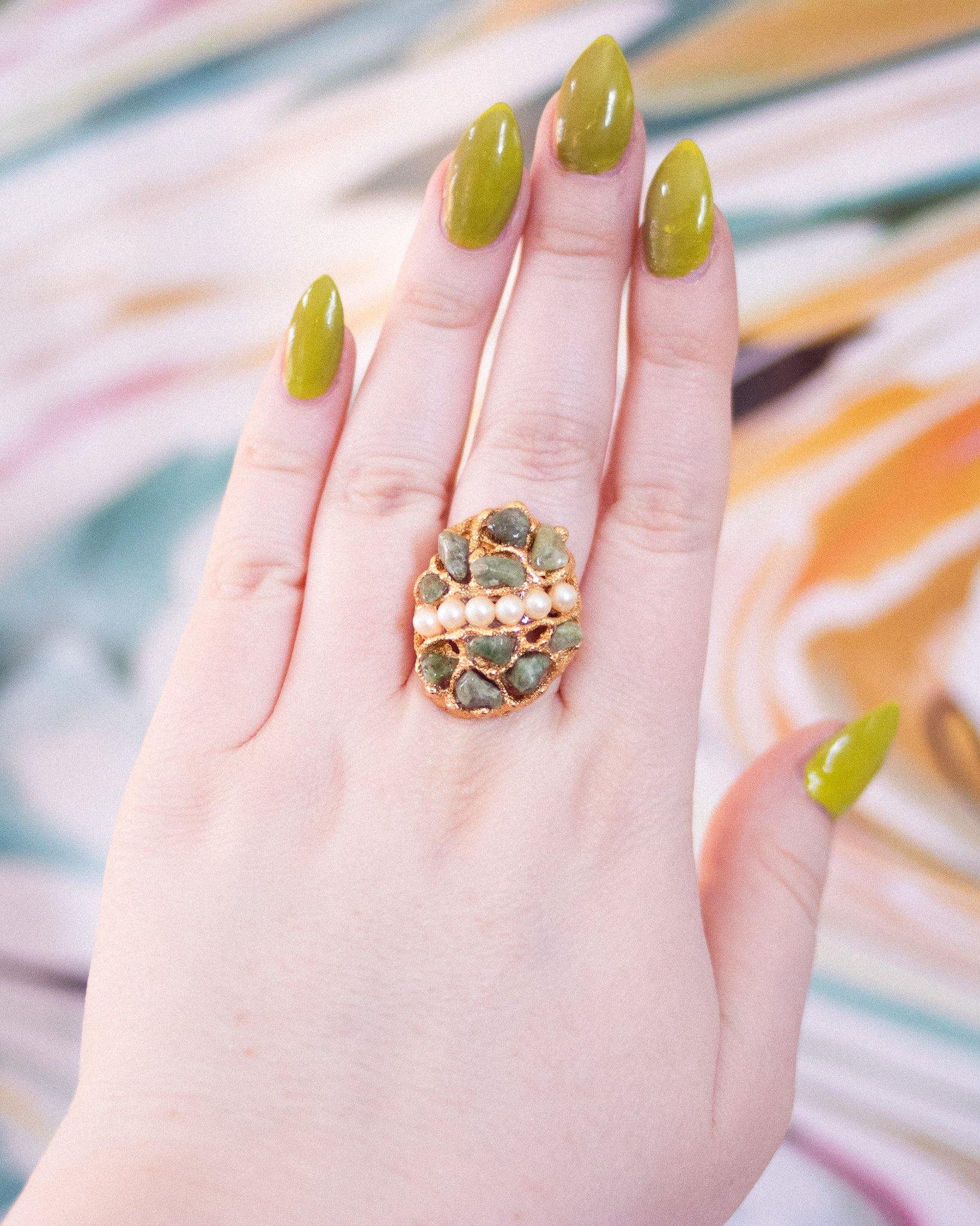 Vintage Mid Century Modern Jade and Faux Pearl Ring by Unsigned Beauty - Vintage Meet Modern Vintage Jewelry - Chicago, Illinois - #oldhollywoodglamour #vintagemeetmodern #designervintage #jewelrybox #antiquejewelry #vintagejewelry