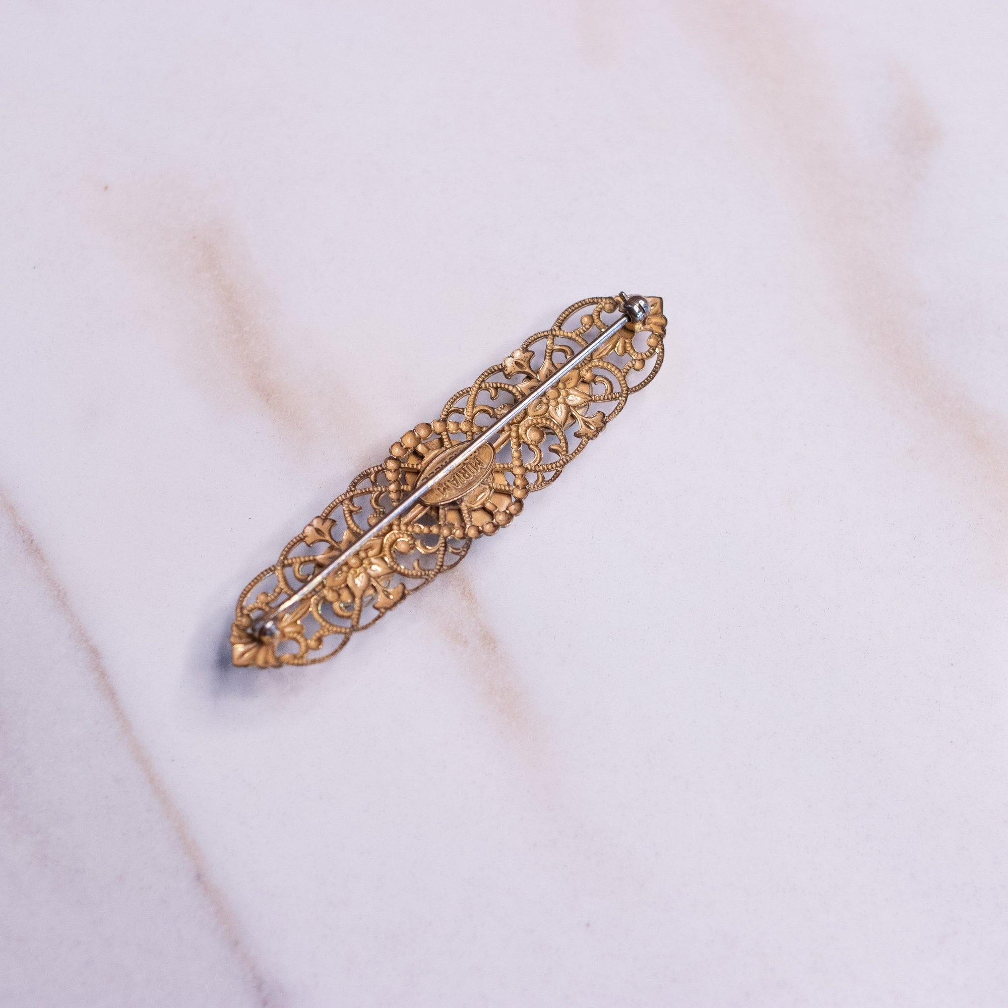 Vintage Miriam Haskell Gold Filigree Brooch with Pearls by Miriam Haskell - Vintage Meet Modern Vintage Jewelry - Chicago, Illinois - #oldhollywoodglamour #vintagemeetmodern #designervintage #jewelrybox #antiquejewelry #vintagejewelry