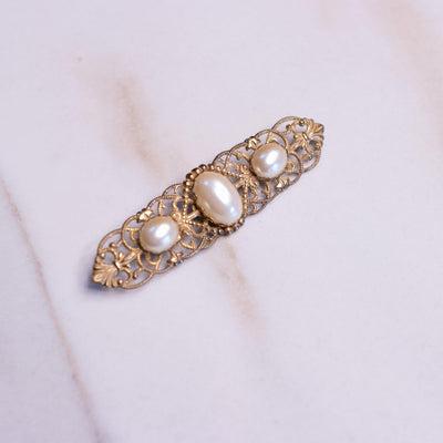 Vintage Miriam Haskell Gold Filigree Brooch with Pearls by Miriam Haskell - Vintage Meet Modern Vintage Jewelry - Chicago, Illinois - #oldhollywoodglamour #vintagemeetmodern #designervintage #jewelrybox #antiquejewelry #vintagejewelry