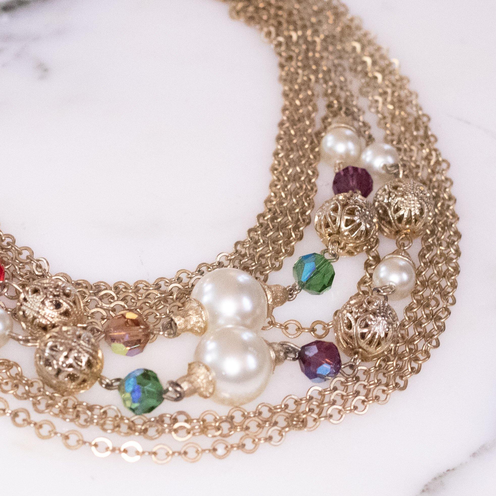Vintage Mutli-Strand Gold Necklace with Faux Pearls, Filigree Beads, and Faceted Crystals by Unsigned Beauty - Vintage Meet Modern Vintage Jewelry - Chicago, Illinois - #oldhollywoodglamour #vintagemeetmodern #designervintage #jewelrybox #antiquejewelry #vintagejewelry