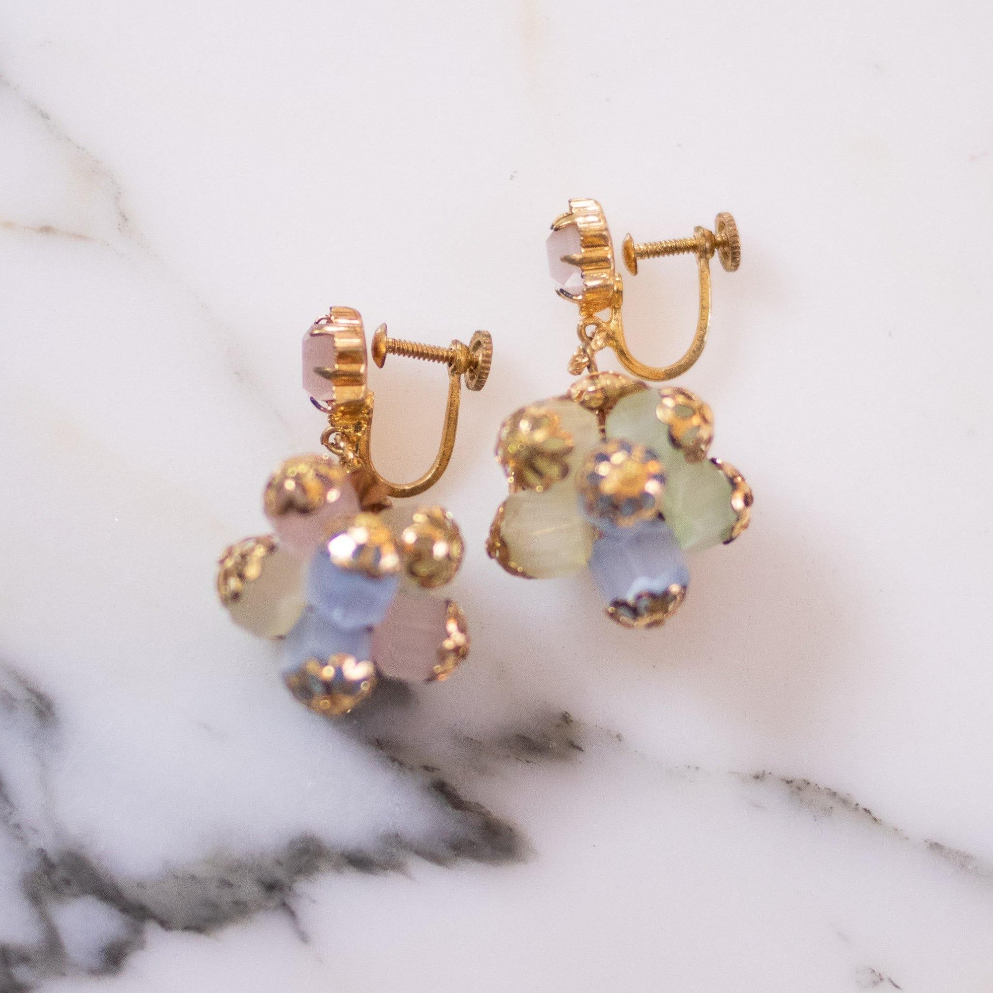 Vintage Pink, Blue, Green Frosted Satin Glass Dangling Statement Earrings by Unsigned Beauty - Vintage Meet Modern Vintage Jewelry - Chicago, Illinois - #oldhollywoodglamour #vintagemeetmodern #designervintage #jewelrybox #antiquejewelry #vintagejewelry