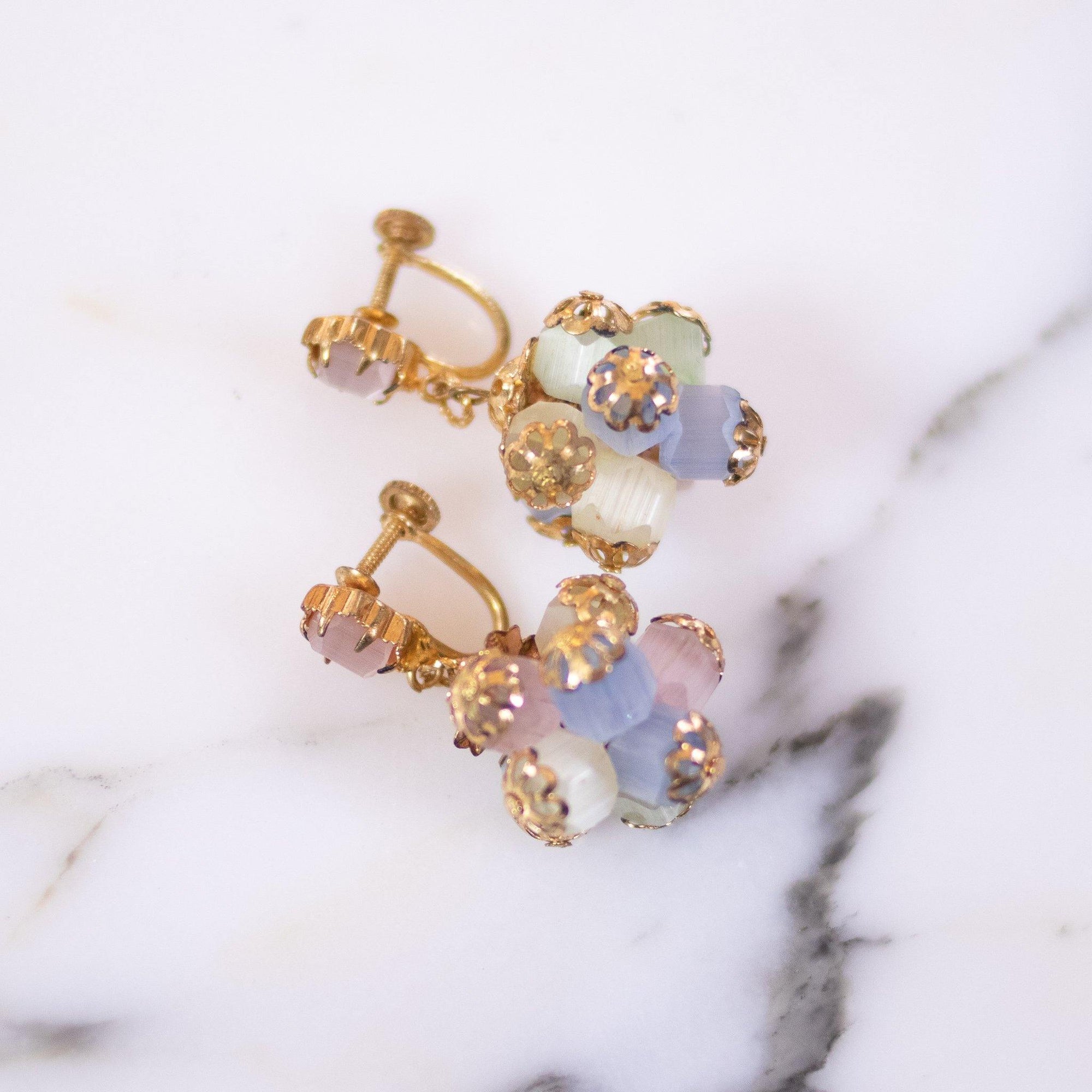 Vintage Pink, Blue, Green Frosted Satin Glass Dangling Statement Earrings by Unsigned Beauty - Vintage Meet Modern Vintage Jewelry - Chicago, Illinois - #oldhollywoodglamour #vintagemeetmodern #designervintage #jewelrybox #antiquejewelry #vintagejewelry