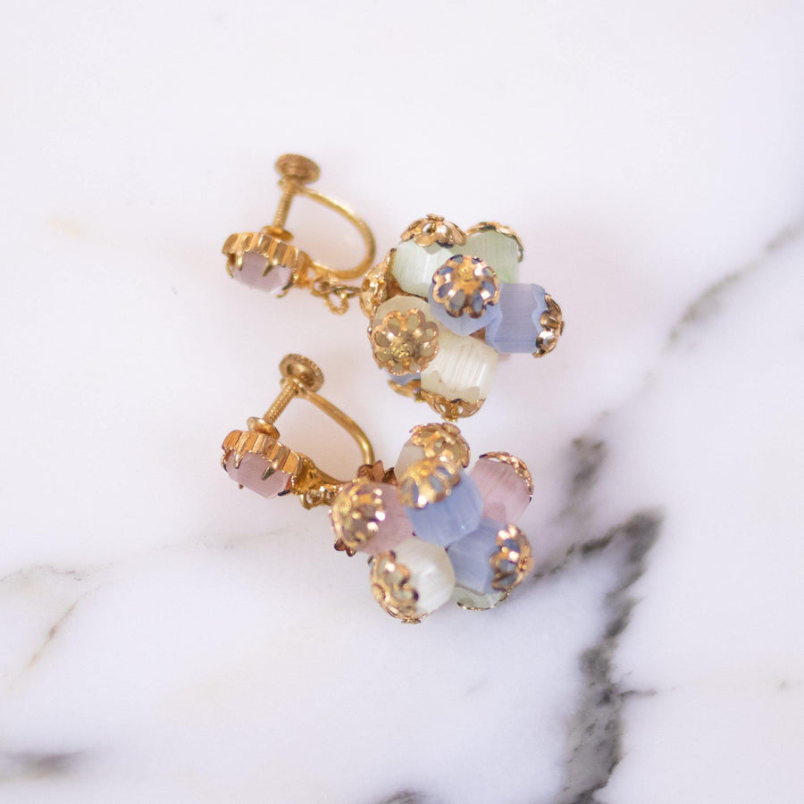 Vintage Pink, Blue, Green Frosted Satin Glass Dangling Statement Earrings by Unsigned Beauty - Vintage Meet Modern Vintage Jewelry - Chicago, Illinois - #oldhollywoodglamour #vintagemeetmodern #designervintage #jewelrybox #antiquejewelry #vintagejewelry