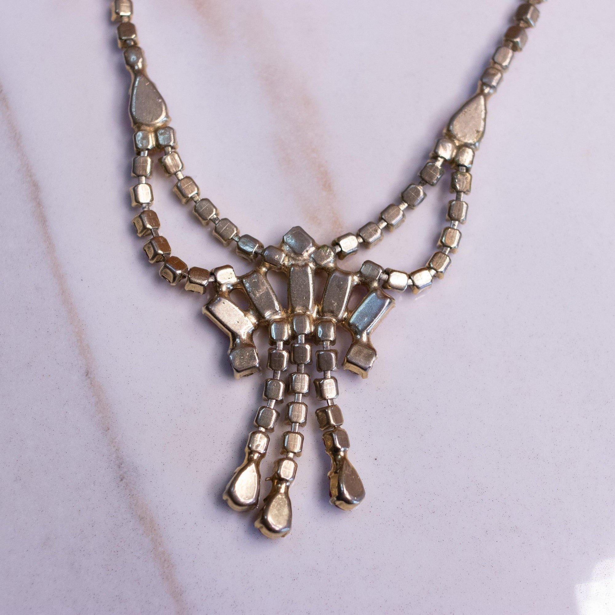 Vintage Pink Rhinestone Tassel Necklace by Unsigned Beauty - Vintage Meet Modern Vintage Jewelry - Chicago, Illinois - #oldhollywoodglamour #vintagemeetmodern #designervintage #jewelrybox #antiquejewelry #vintagejewelry