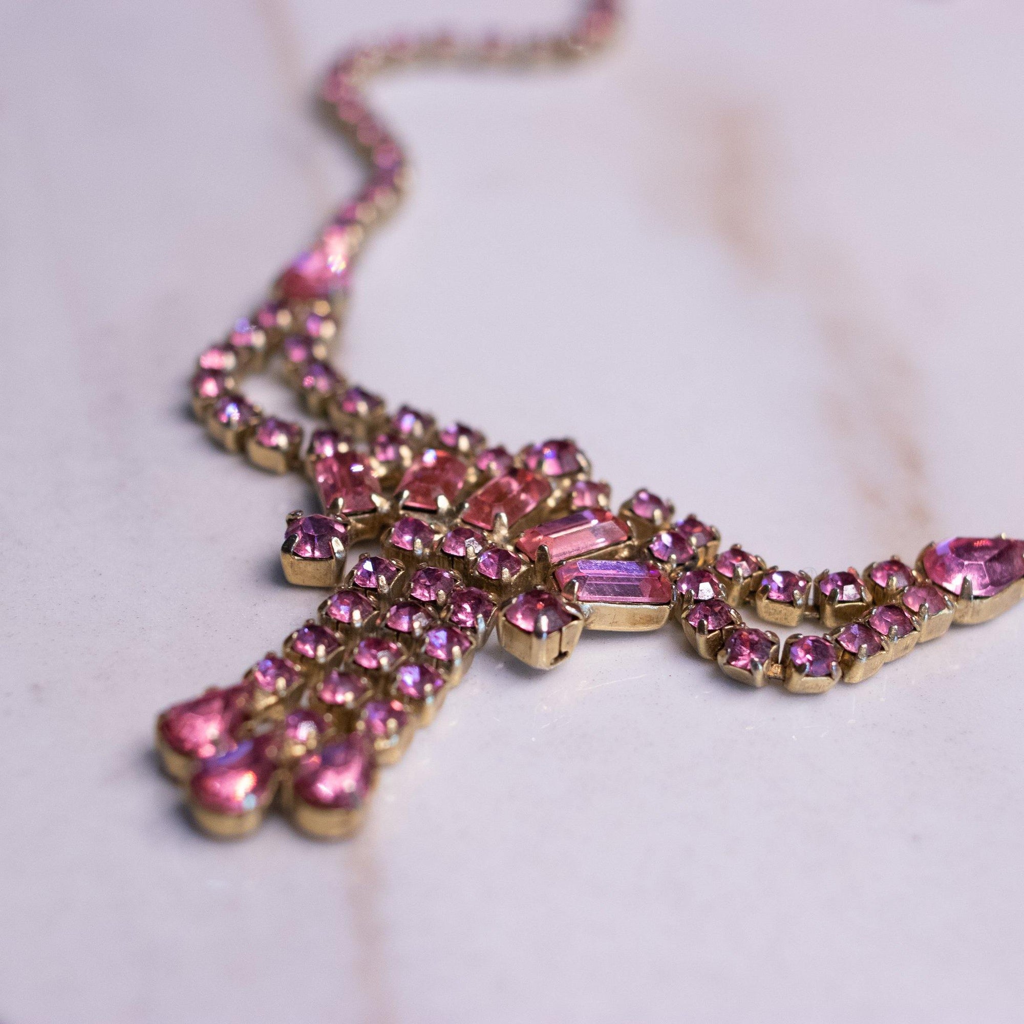 Vintage Pink Rhinestone Tassel Necklace by Unsigned Beauty - Vintage Meet Modern Vintage Jewelry - Chicago, Illinois - #oldhollywoodglamour #vintagemeetmodern #designervintage #jewelrybox #antiquejewelry #vintagejewelry
