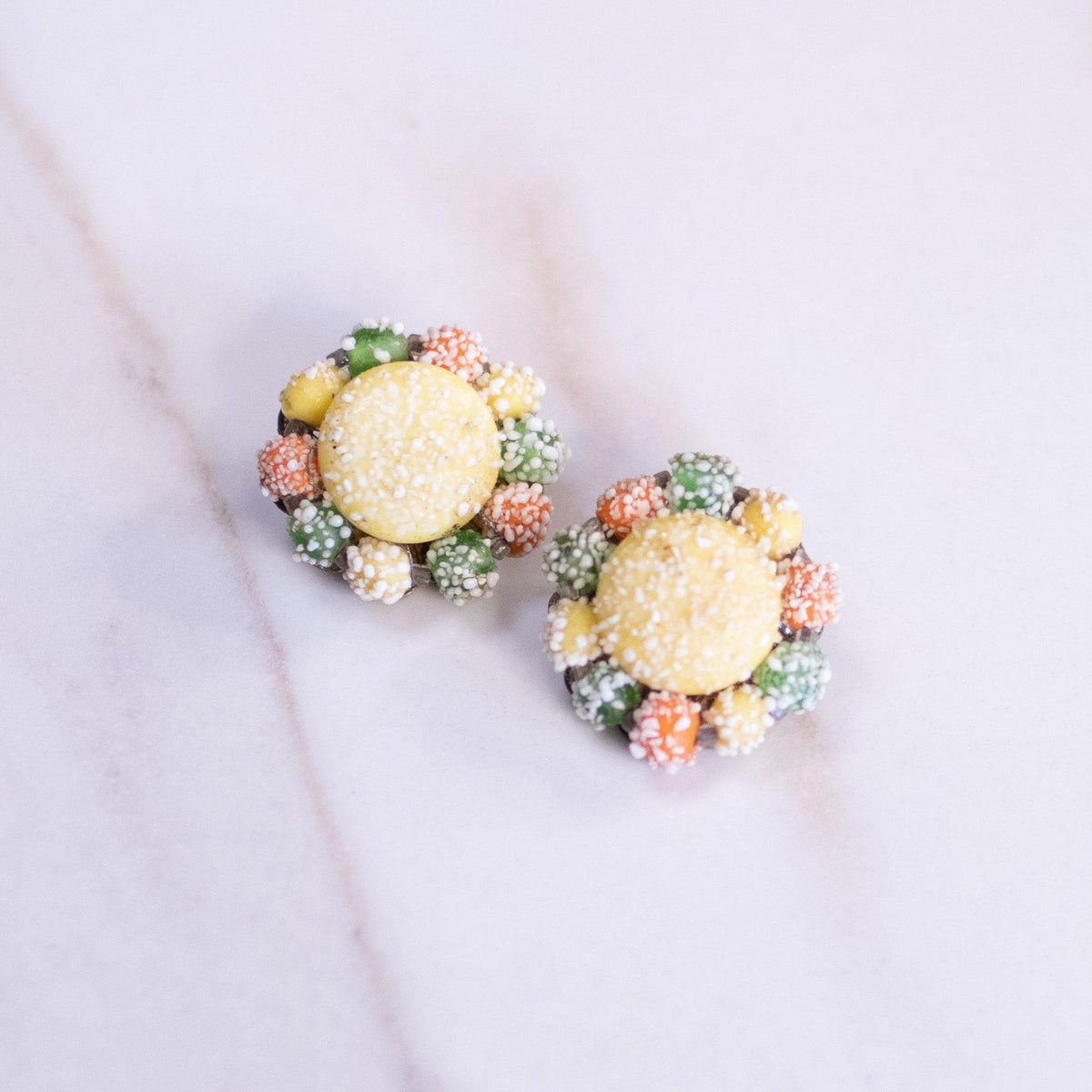 Vintage Retro Yellow, Green, and Orange Sugar Bead Earrings