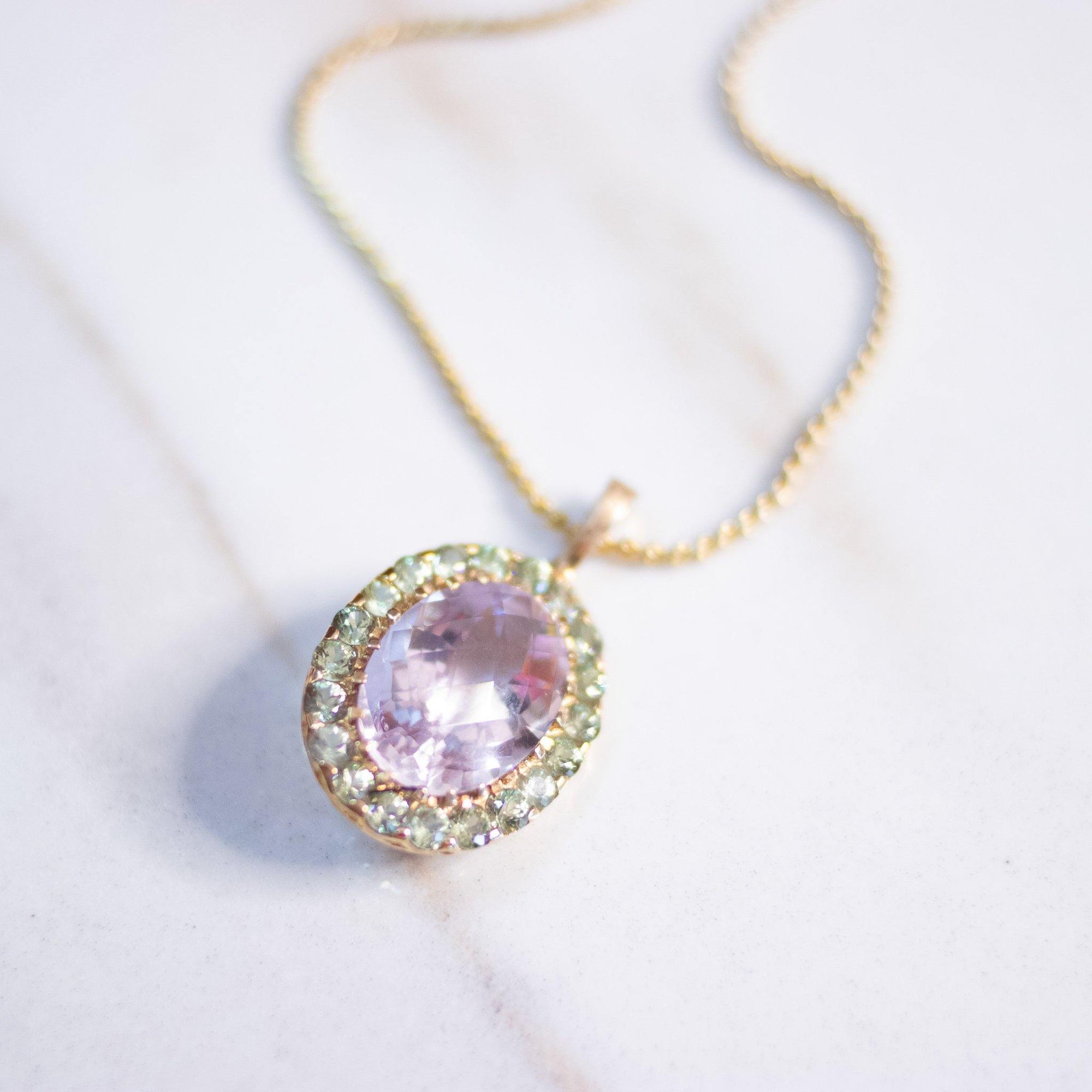 Vintage Lavender Spinel and Aqua Topaz Pendant Necklace by Vintage Meet Modern - Vintage Meet Modern Vintage Jewelry - Chicago, Illinois - #oldhollywoodglamour #vintagemeetmodern #designervintage #jewelrybox #antiquejewelry #vintagejewelry