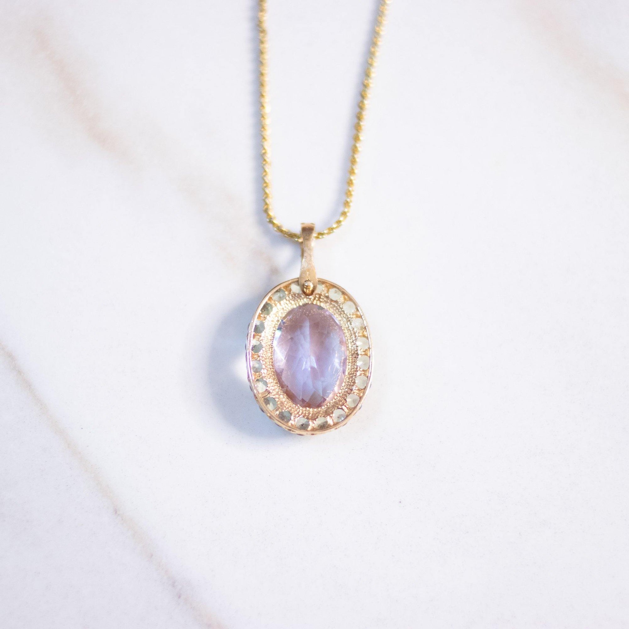 Vintage Lavender Spinel and Aqua Topaz Pendant Necklace by Vintage Meet Modern - Vintage Meet Modern Vintage Jewelry - Chicago, Illinois - #oldhollywoodglamour #vintagemeetmodern #designervintage #jewelrybox #antiquejewelry #vintagejewelry