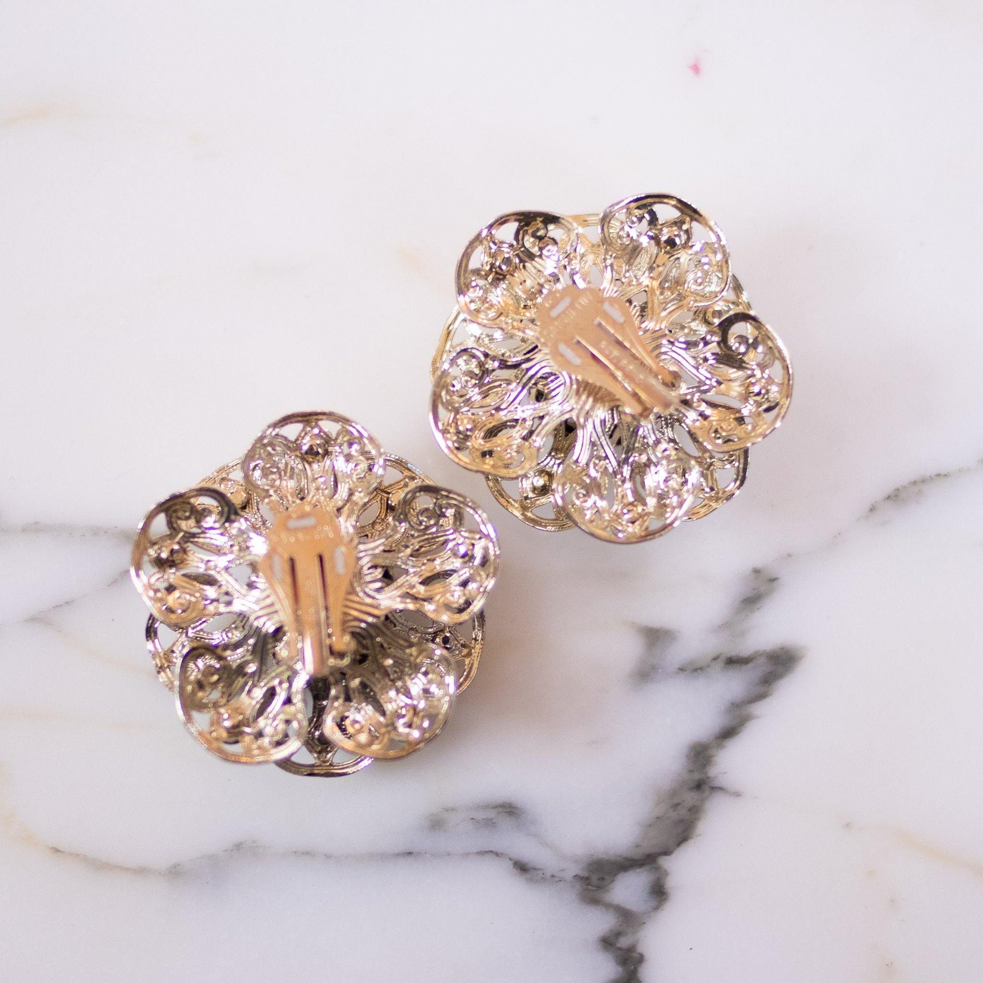 Vintage Sarah Coventry Huge Gold Flower with Red Aurora Borealis Statement Earrings by Sarah Coventry - Vintage Meet Modern Vintage Jewelry - Chicago, Illinois - #oldhollywoodglamour #vintagemeetmodern #designervintage #jewelrybox #antiquejewelry #vintagejewelry