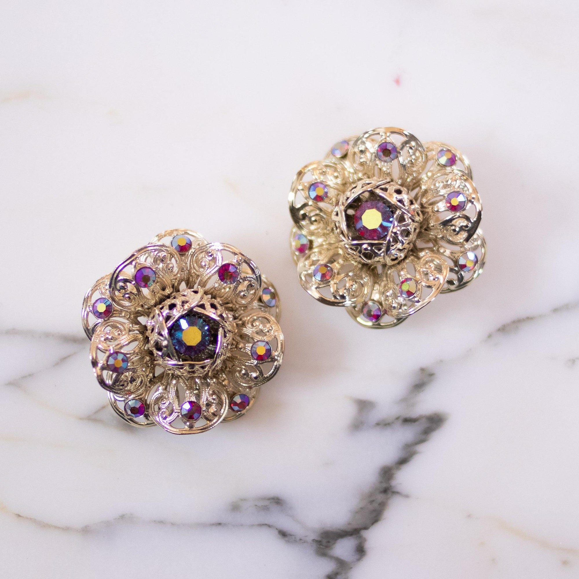 Vintage Sarah Coventry Huge Gold Flower with Red Aurora Borealis Statement Earrings by Sarah Coventry - Vintage Meet Modern Vintage Jewelry - Chicago, Illinois - #oldhollywoodglamour #vintagemeetmodern #designervintage #jewelrybox #antiquejewelry #vintagejewelry