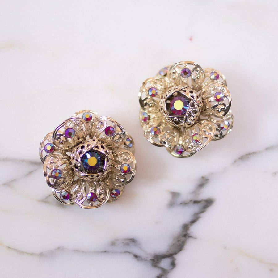 Vintage Sarah Coventry Huge Gold Flower with Red Aurora Borealis Statement Earrings by Sarah Coventry - Vintage Meet Modern Vintage Jewelry - Chicago, Illinois - #oldhollywoodglamour #vintagemeetmodern #designervintage #jewelrybox #antiquejewelry #vintagejewelry