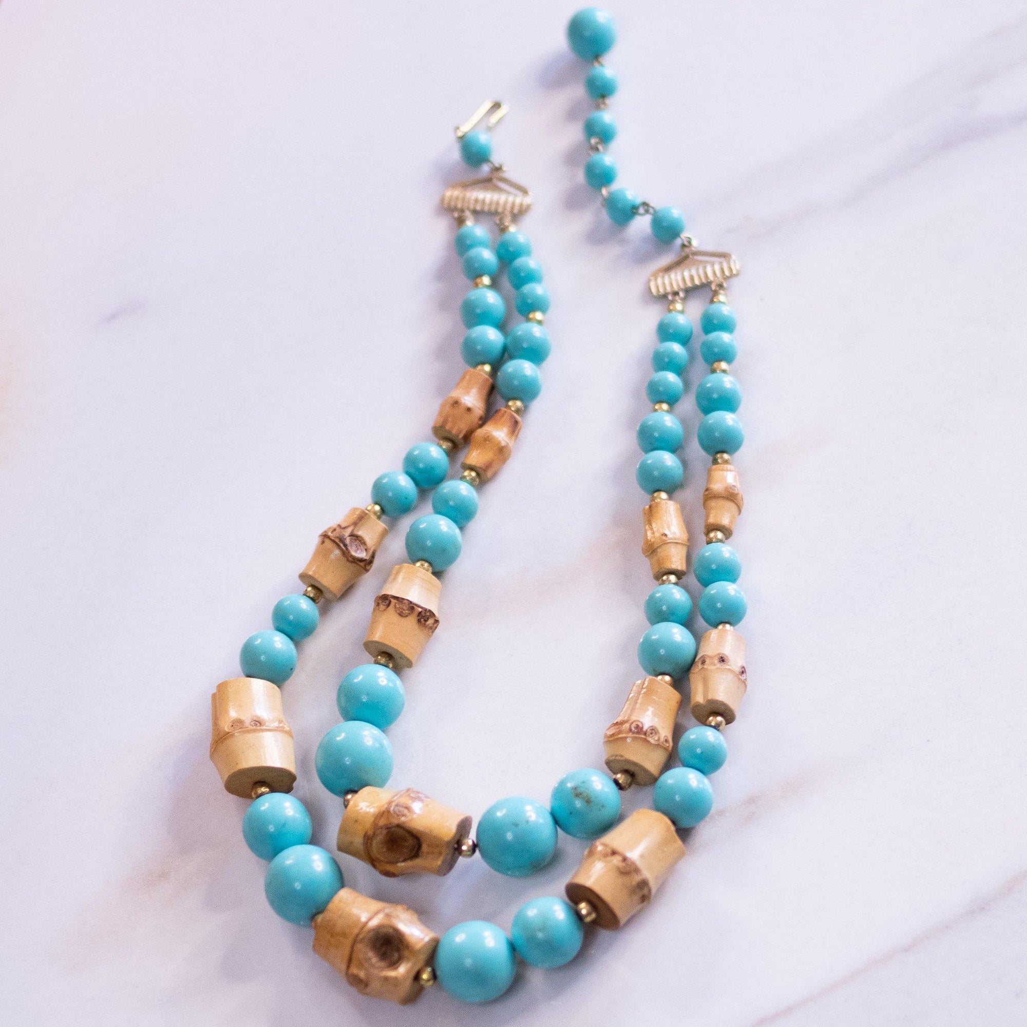 Vintage Turquoise and Bamboo Bead Double Strand Necklace by Unsigned Beauty - Vintage Meet Modern Vintage Jewelry - Chicago, Illinois - #oldhollywoodglamour #vintagemeetmodern #designervintage #jewelrybox #antiquejewelry #vintagejewelry