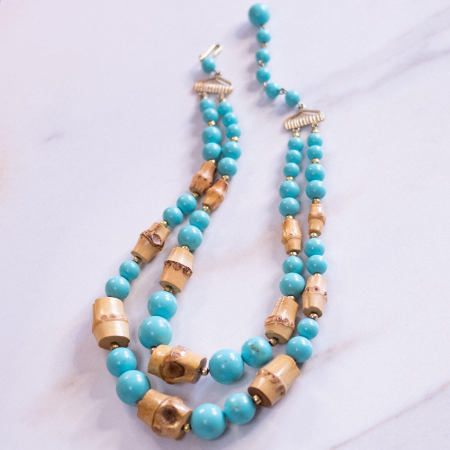 Vintage Turquoise and Bamboo Bead Double Strand Necklace by Unsigned Beauty - Vintage Meet Modern Vintage Jewelry - Chicago, Illinois - #oldhollywoodglamour #vintagemeetmodern #designervintage #jewelrybox #antiquejewelry #vintagejewelry