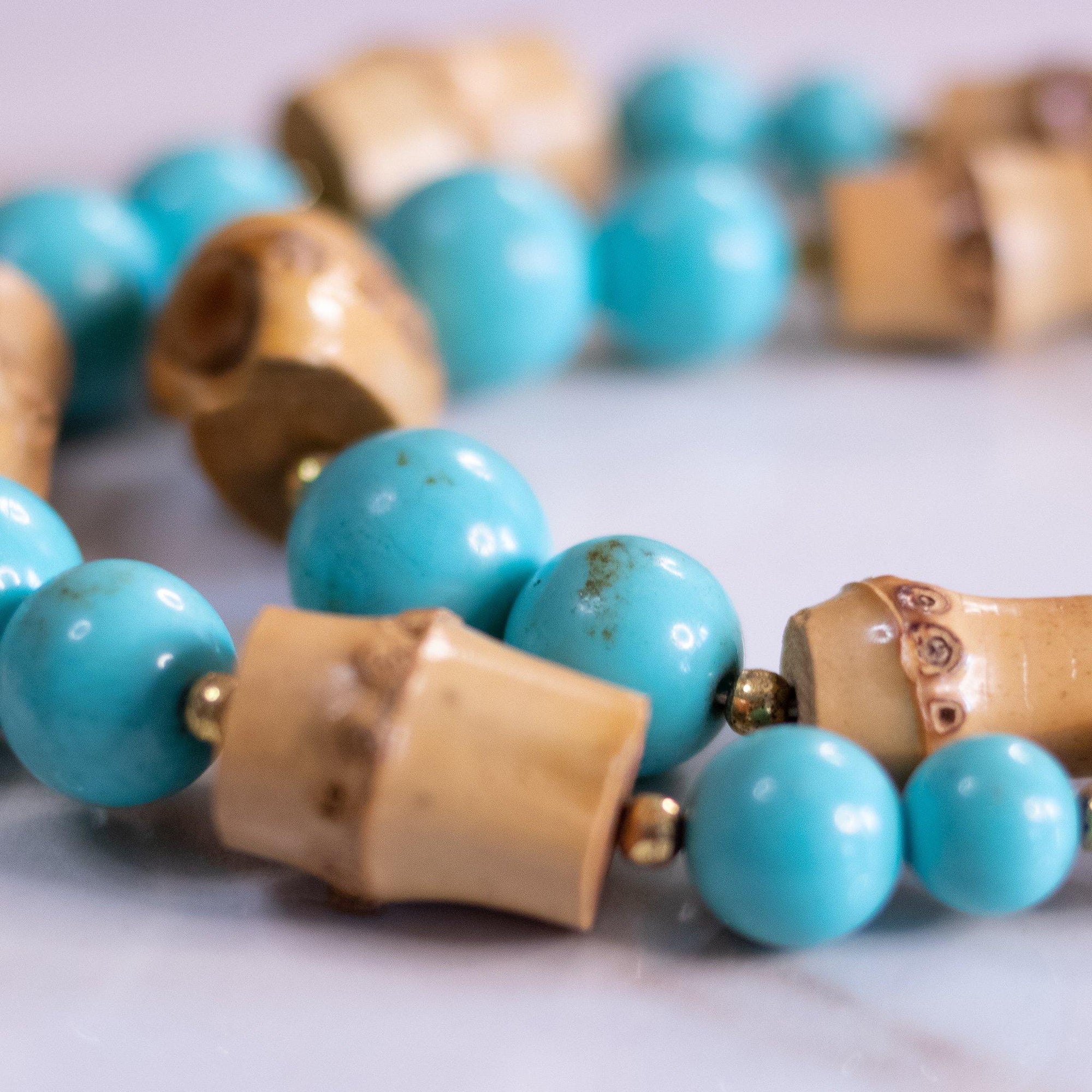 Vintage Turquoise and Bamboo Bead Double Strand Necklace by Unsigned Beauty - Vintage Meet Modern Vintage Jewelry - Chicago, Illinois - #oldhollywoodglamour #vintagemeetmodern #designervintage #jewelrybox #antiquejewelry #vintagejewelry