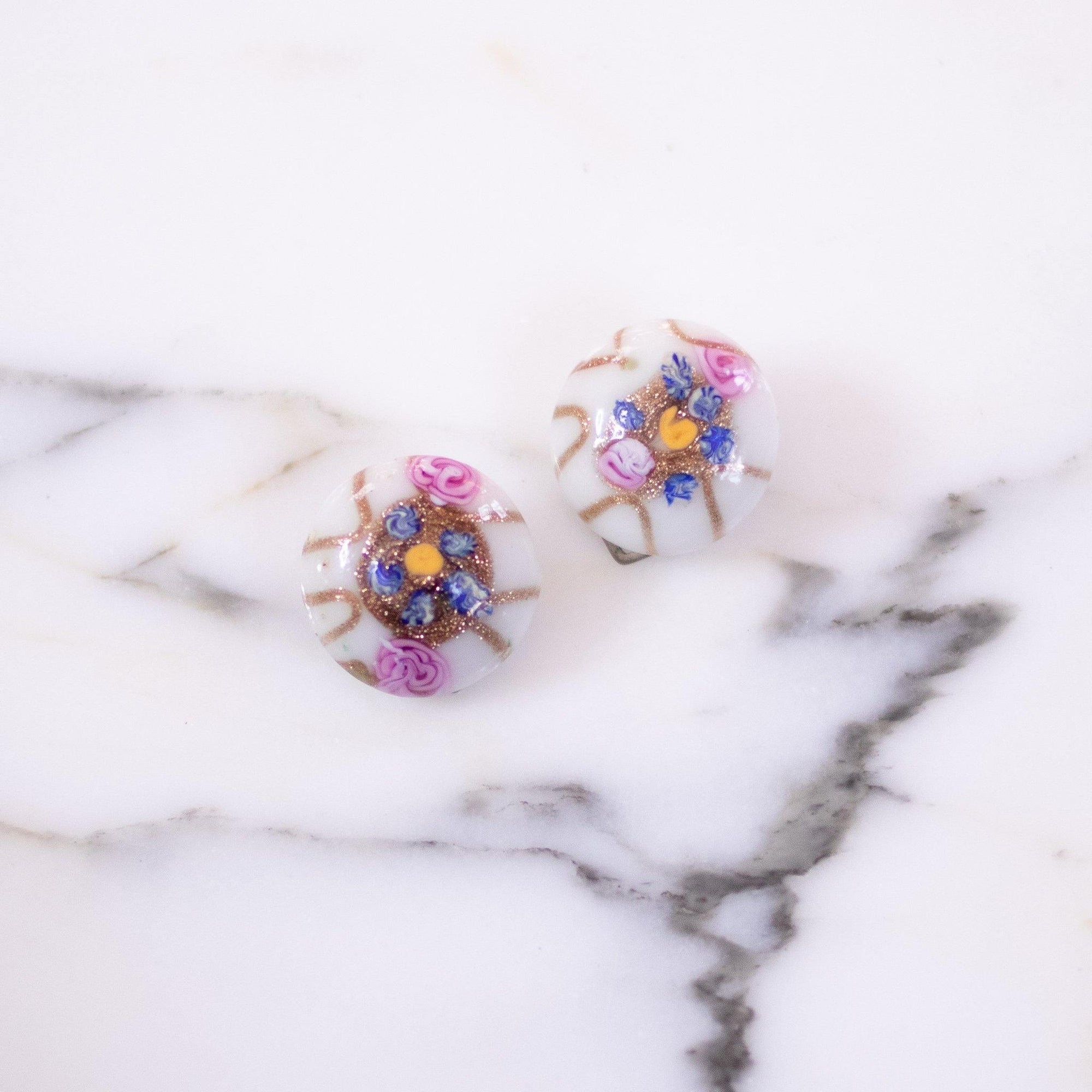 Vintage Venetian Wedding Cake Bead Earrings with Blue and Pink Flowers by Made in Italy - Vintage Meet Modern Vintage Jewelry - Chicago, Illinois - #oldhollywoodglamour #vintagemeetmodern #designervintage #jewelrybox #antiquejewelry #vintagejewelry
