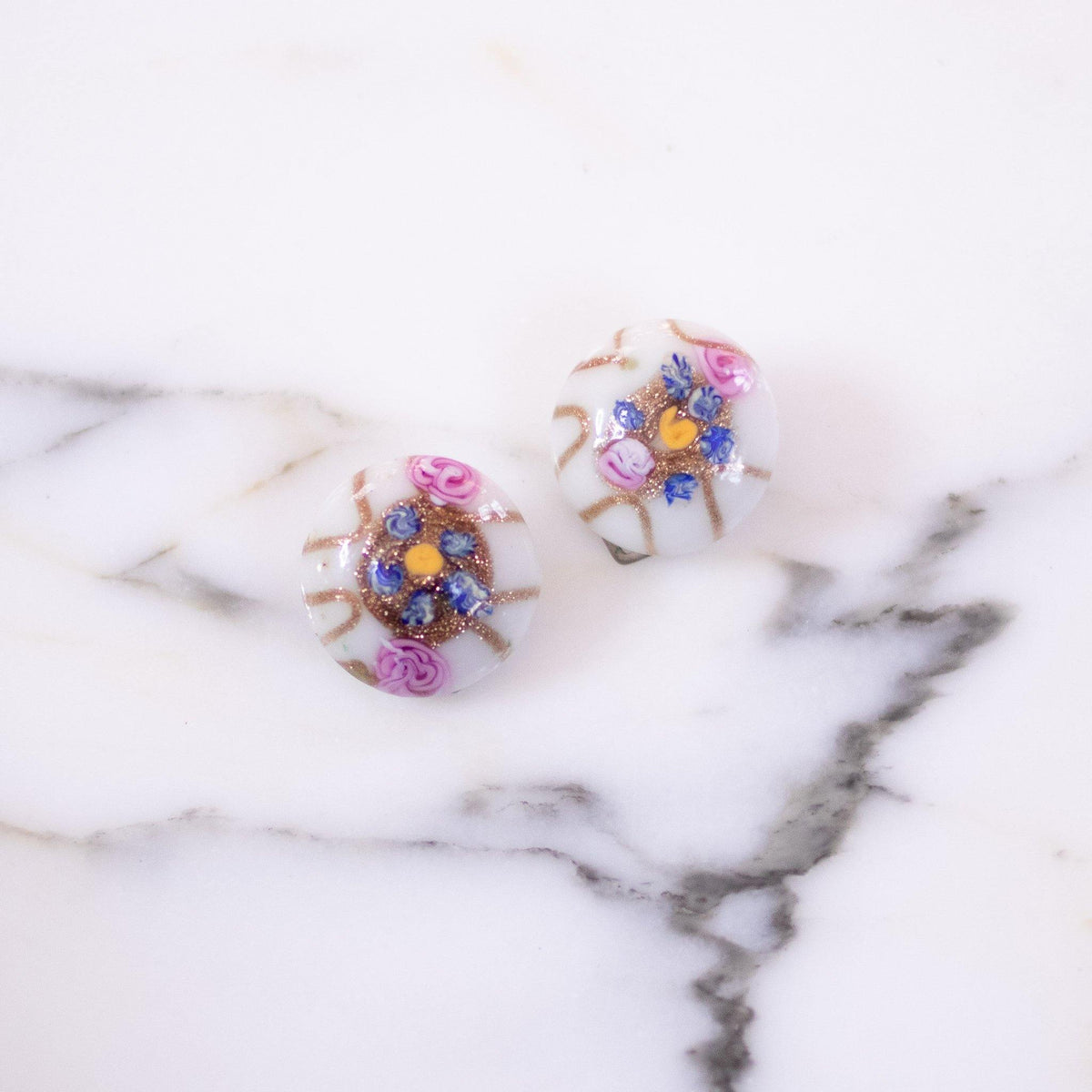 Vintage Venetian Wedding Cake Bead Earrings with Blue and Pink Flowers