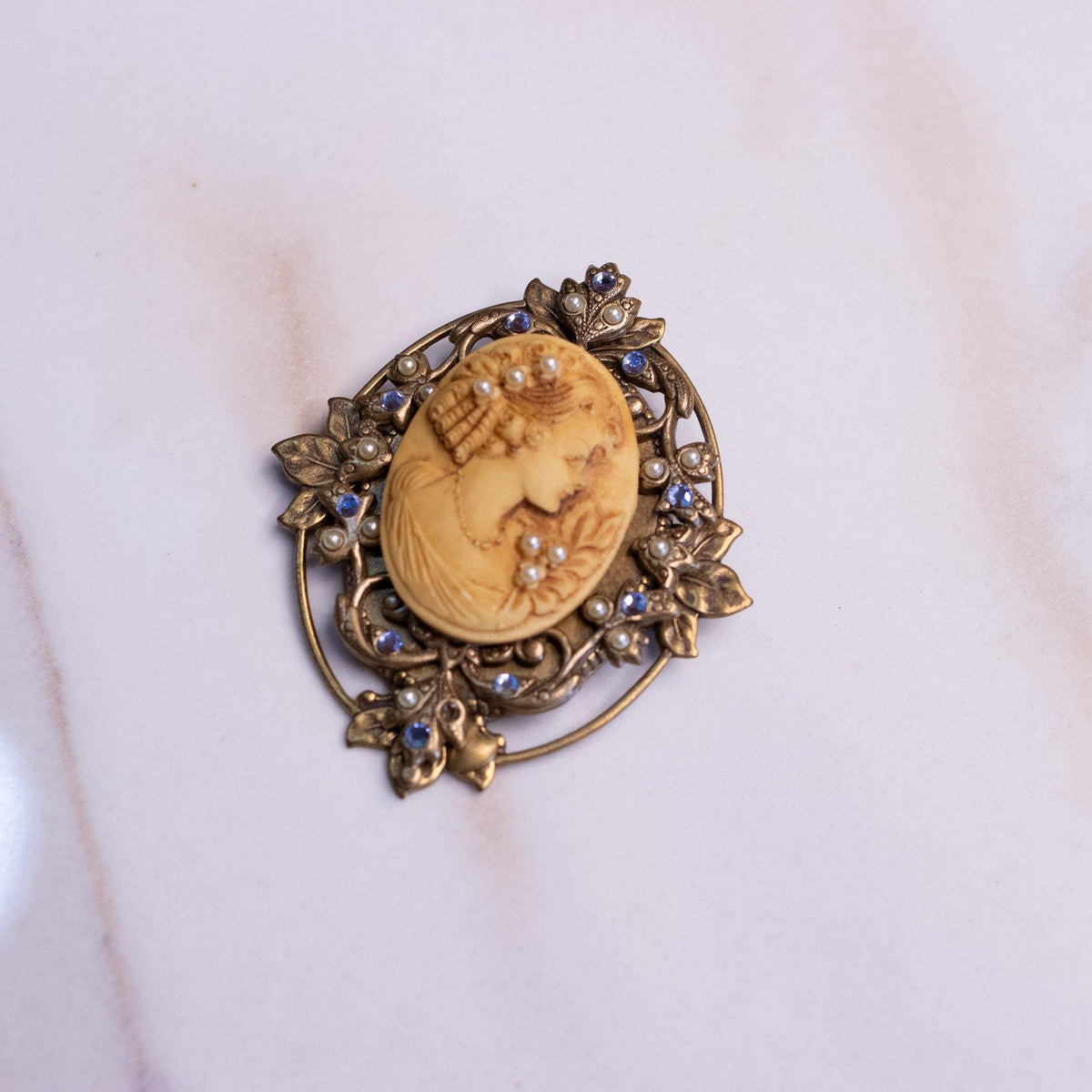Vintage Victorian Revival Cameo with Light Blue Rhinestones and Seed Pearl Brooch