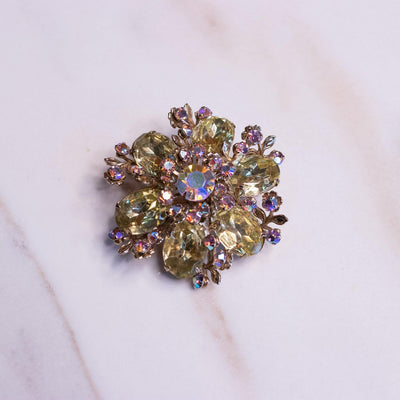 Vintage Lemon Crystal and Aurora Borealis Rhinestone Brooch by Unsigned Beauty - Vintage Meet Modern Vintage Jewelry - Chicago, Illinois - #oldhollywoodglamour #vintagemeetmodern #designervintage #jewelrybox #antiquejewelry #vintagejewelry
