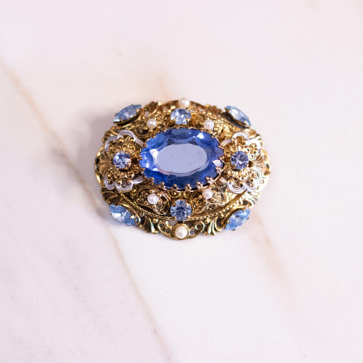 Vintage West Germany Gold Filigree Brooch with Blue Crystal and Faux Pearls