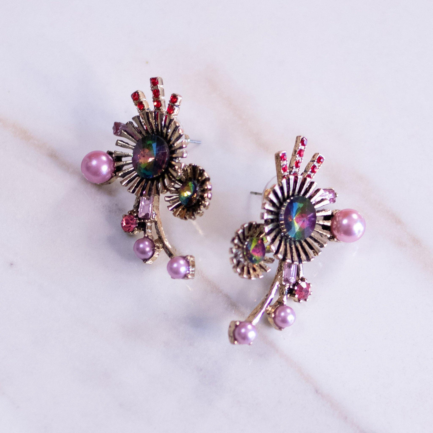 Rainbow Rhinestones and Pink Pearls Fireworks Earrings