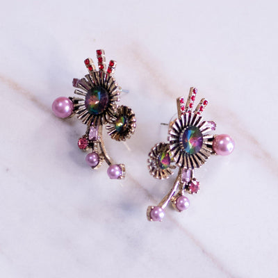 Rainbow Rhinestones and Pink Pearls Fireworks Earrings by Vintage Meet Modern  - Vintage Meet Modern Vintage Jewelry - Chicago, Illinois - #oldhollywoodglamour #vintagemeetmodern #designervintage #jewelrybox #antiquejewelry #vintagejewelry