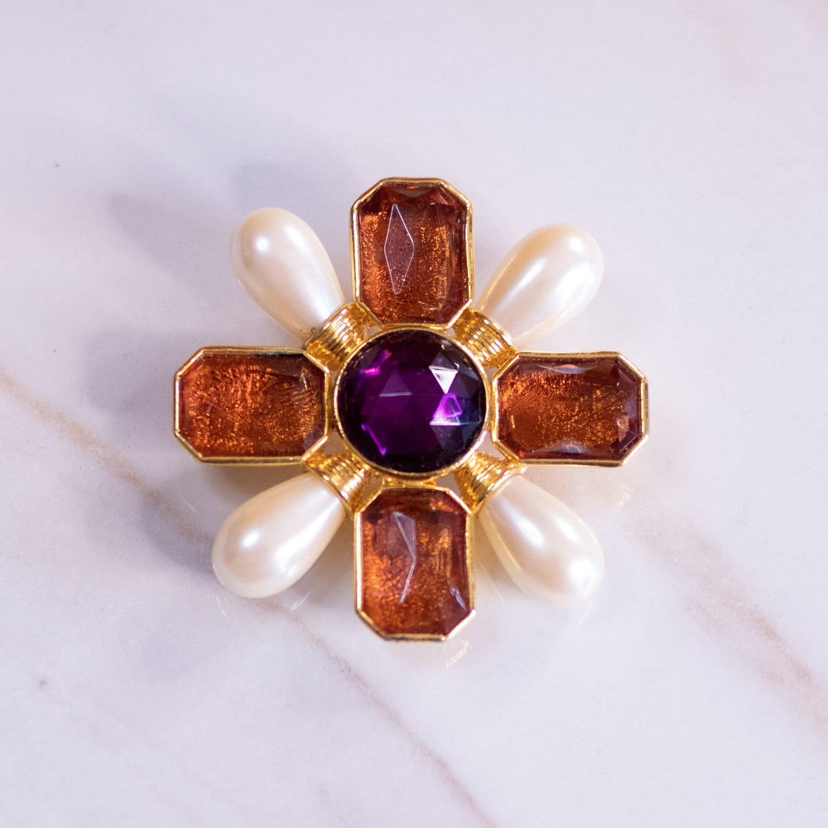 Vintage Avon Mogul Style Maltese Cross Brooch/Pendant with Pearls, Amber Crystal and Amethyst Lucite Cabochon