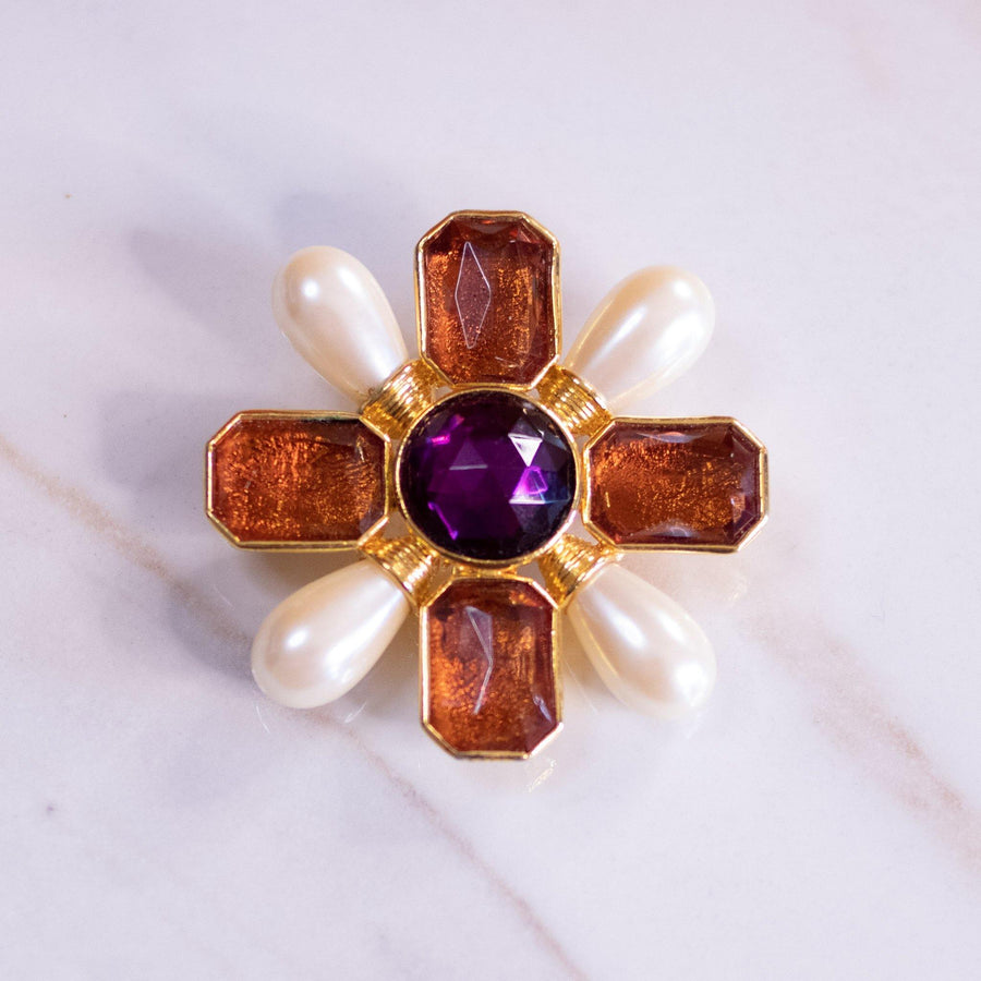 Vintage Avon Mogul Style Maltese Cross Brooch/Pendant with Pearls, Amber Crystal and Amethyst Lucite Cabochon by Avon - Vintage Meet Modern Vintage Jewelry - Chicago, Illinois - #oldhollywoodglamour #vintagemeetmodern #designervintage #jewelrybox #antiquejewelry #vintagejewelry