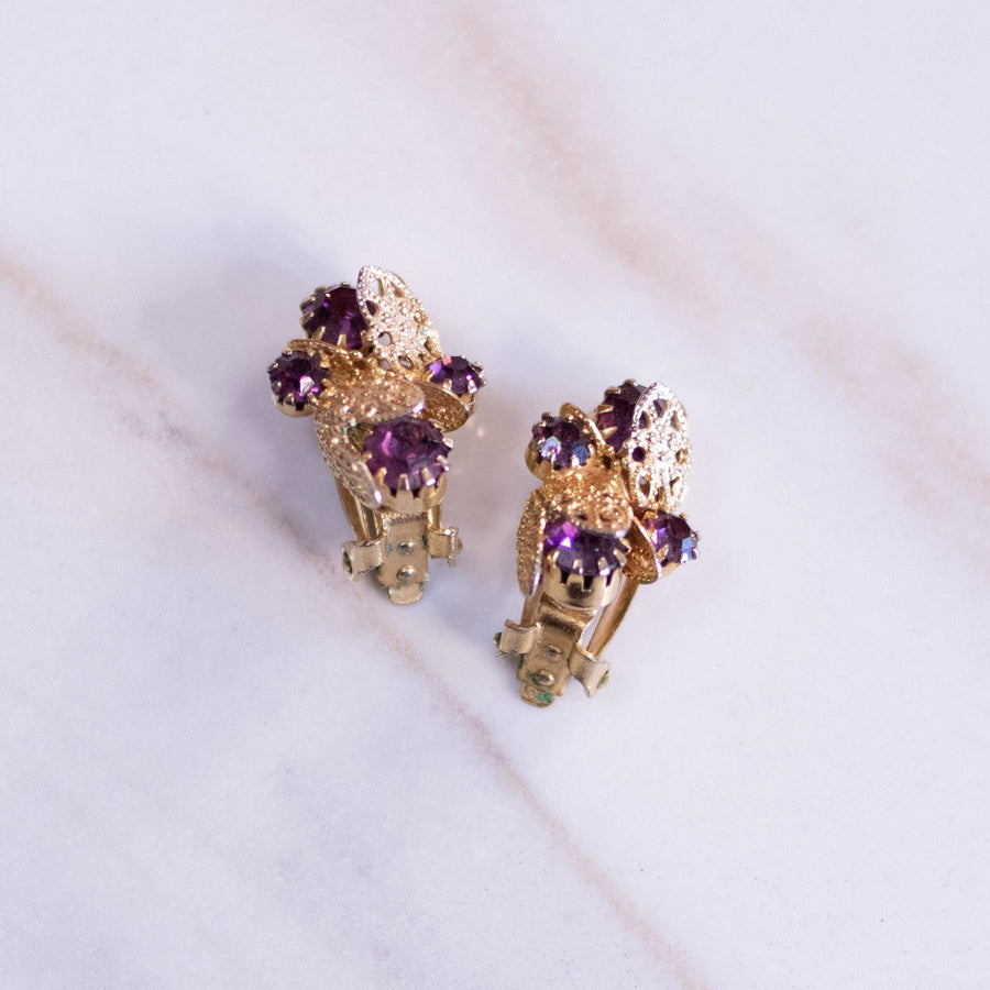 Purple Rhinestone and Gold Filigree Leaf Earrings, Clip On by unsigned - Vintage Meet Modern Vintage Jewelry - Chicago, Illinois - #oldhollywoodglamour #vintagemeetmodern #designervintage #jewelrybox #antiquejewelry #vintagejewelry