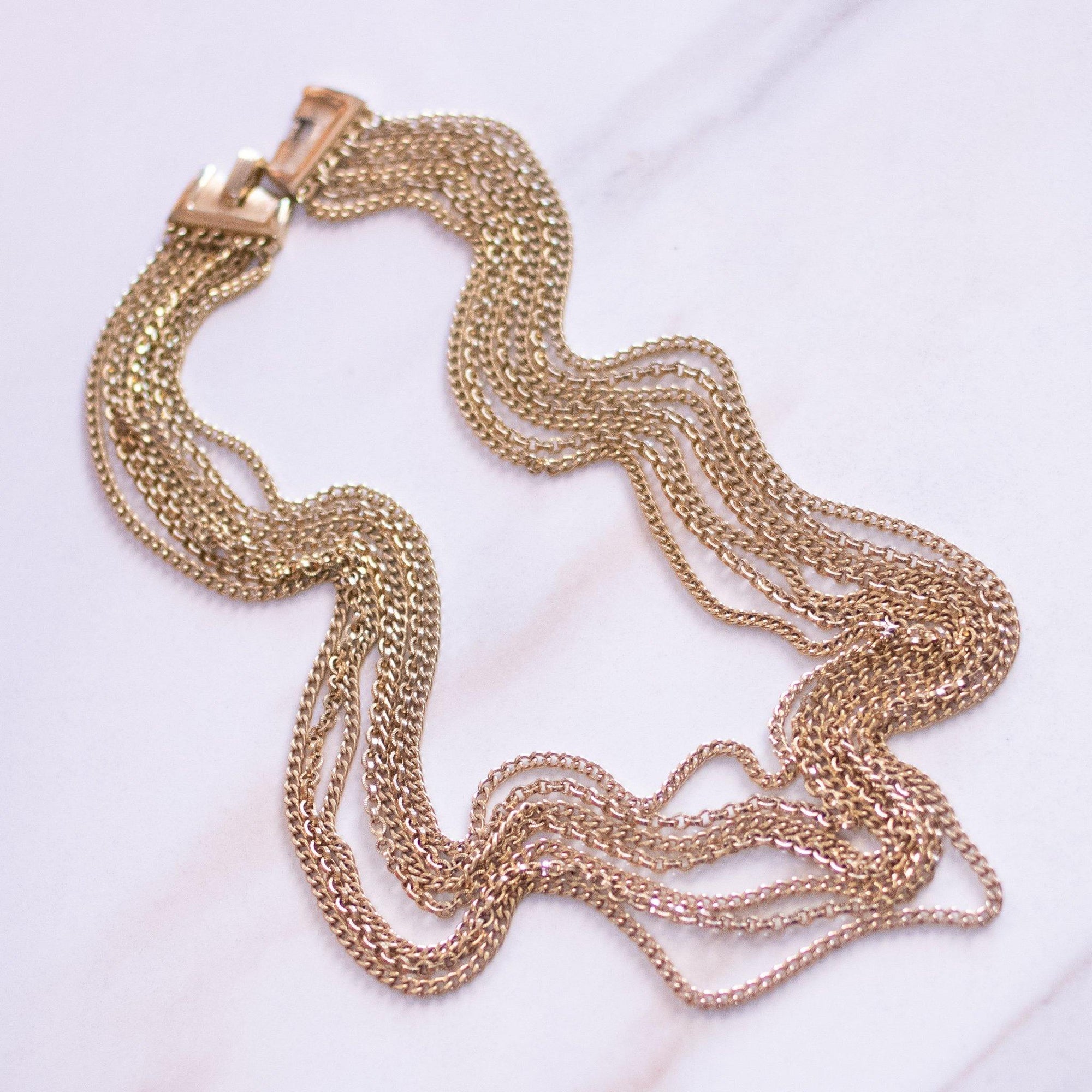 Vintage Crown Trifari Multi-strand Chain Necklace, Gold Tone, Snap Lock Clasp by Trifari - Vintage Meet Modern Vintage Jewelry - Chicago, Illinois - #oldhollywoodglamour #vintagemeetmodern #designervintage #jewelrybox #antiquejewelry #vintagejewelry