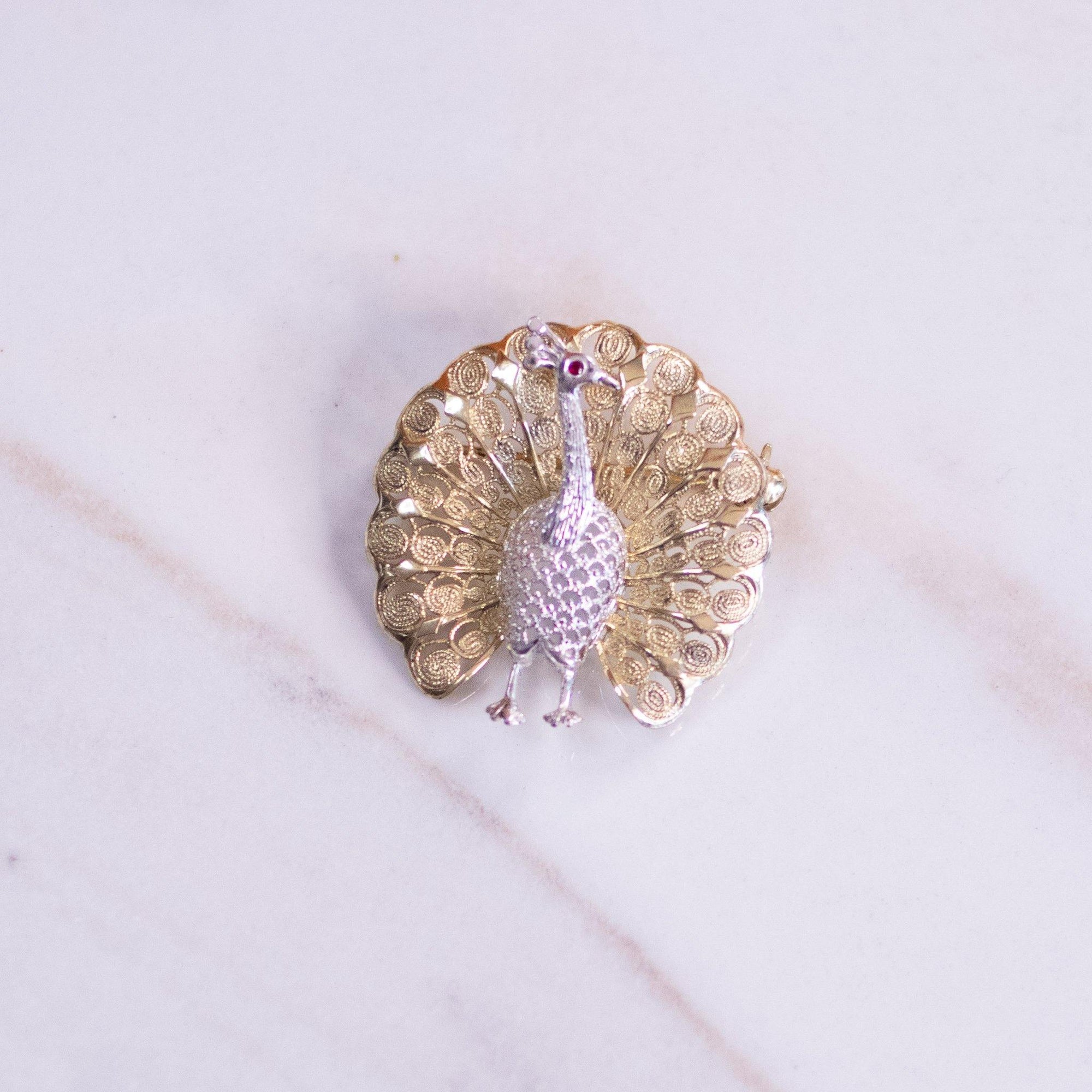 Vintage Peacock Filigree Brooch set in 800 Silver and Gold Wash by 800 Silver - Vintage Meet Modern Vintage Jewelry - Chicago, Illinois - #oldhollywoodglamour #vintagemeetmodern #designervintage #jewelrybox #antiquejewelry #vintagejewelry
