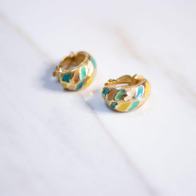 Vintage Huggie Hoop Earrings with Aqua, Yellow, and Taupe Enamel Details by Patent Pending - Vintage Meet Modern Vintage Jewelry - Chicago, Illinois - #oldhollywoodglamour #vintagemeetmodern #designervintage #jewelrybox #antiquejewelry #vintagejewelry
