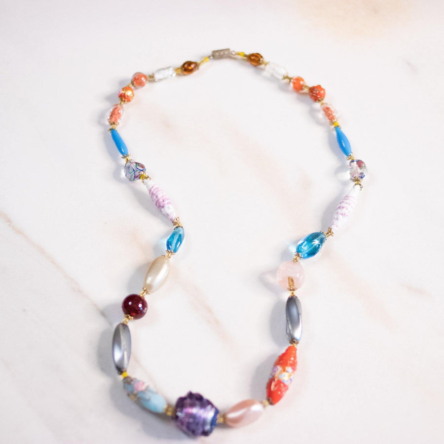 Vintage 1940s Colorful Art Glass Beaded Necklace with Italian Wedding Cake Beads and Faux Pearls by Unsigned Beauty - Vintage Meet Modern Vintage Jewelry - Chicago, Illinois - #oldhollywoodglamour #vintagemeetmodern #designervintage #jewelrybox #antiquejewelry #vintagejewelry