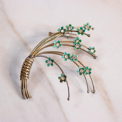 Vintage 1940s Gold Spray Brooch with Green Enamel Flowers and Rhinestones by Unsigned Beauty - Vintage Meet Modern Vintage Jewelry - Chicago, Illinois - #oldhollywoodglamour #vintagemeetmodern #designervintage #jewelrybox #antiquejewelry #vintagejewelry