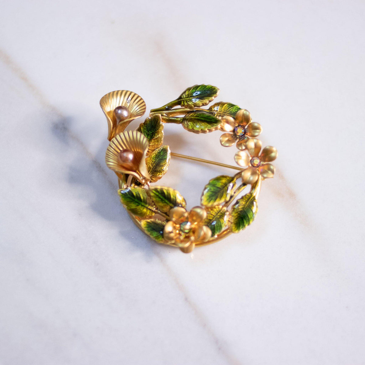 Vintage Gold Lilies with Green Leaves Medallion Brooch