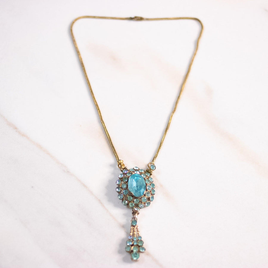 Vintage 1950s Aqua Crystal Y Style Necklace by Unsigned Beauty - Vintage Meet Modern Vintage Jewelry - Chicago, Illinois - #oldhollywoodglamour #vintagemeetmodern #designervintage #jewelrybox #antiquejewelry #vintagejewelry