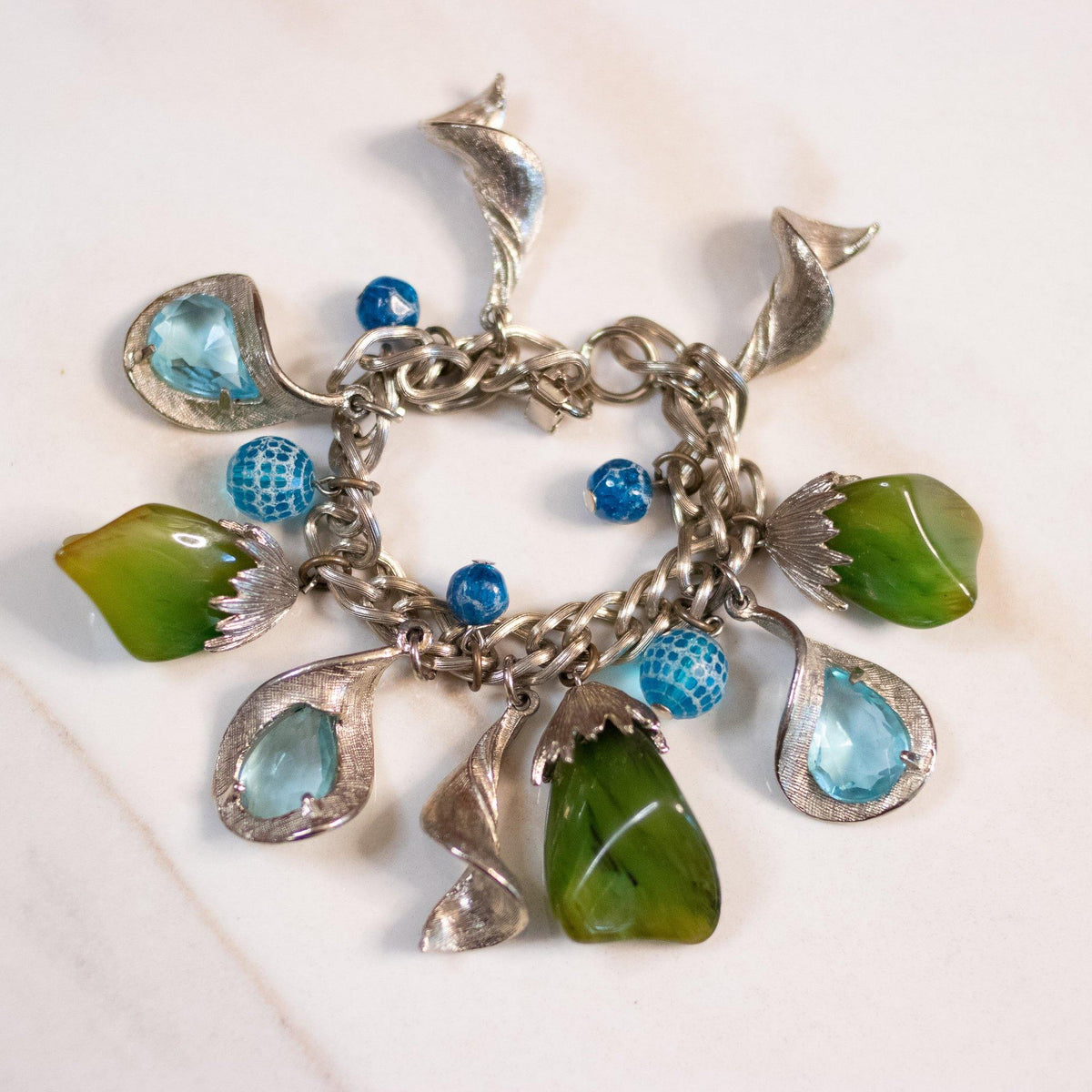 Vintage 1950s Mid Century Modern Blue and Green Lucite Charm Bracelet