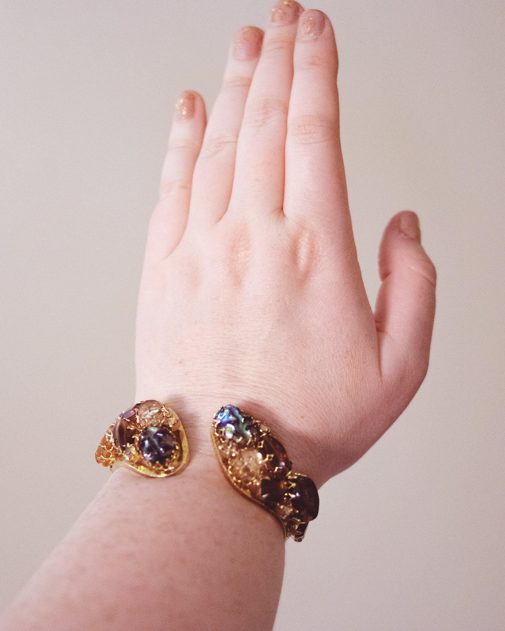 Vintage Amber and Art Glass Rhinestone Clamper Bracelet by Unsigned Beauty - Vintage Meet Modern Vintage Jewelry - Chicago, Illinois - #oldhollywoodglamour #vintagemeetmodern #designervintage #jewelrybox #antiquejewelry #vintagejewelry