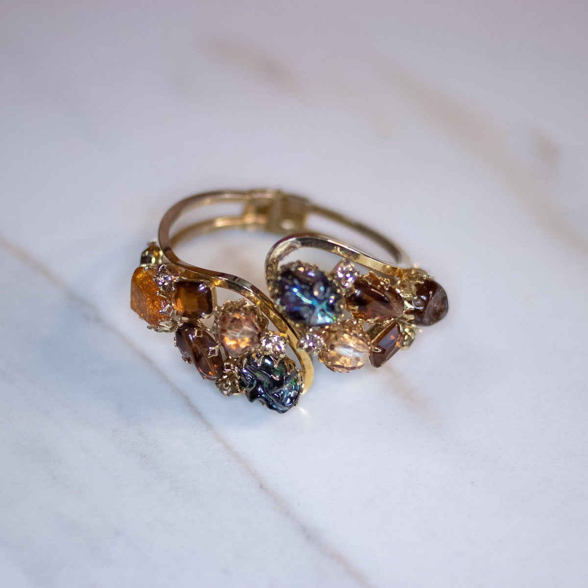 Vintage Amber and Art Glass Rhinestone Clamper Bracelet