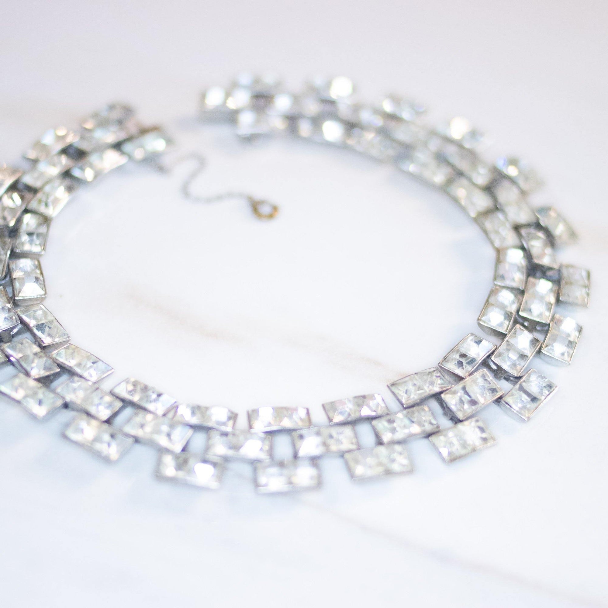 Vintage Art Deco Channel Set Princess Cut Crystal Statement Necklace by Unsigned Beauty - Vintage Meet Modern Vintage Jewelry - Chicago, Illinois - #oldhollywoodglamour #vintagemeetmodern #designervintage #jewelrybox #antiquejewelry #vintagejewelry