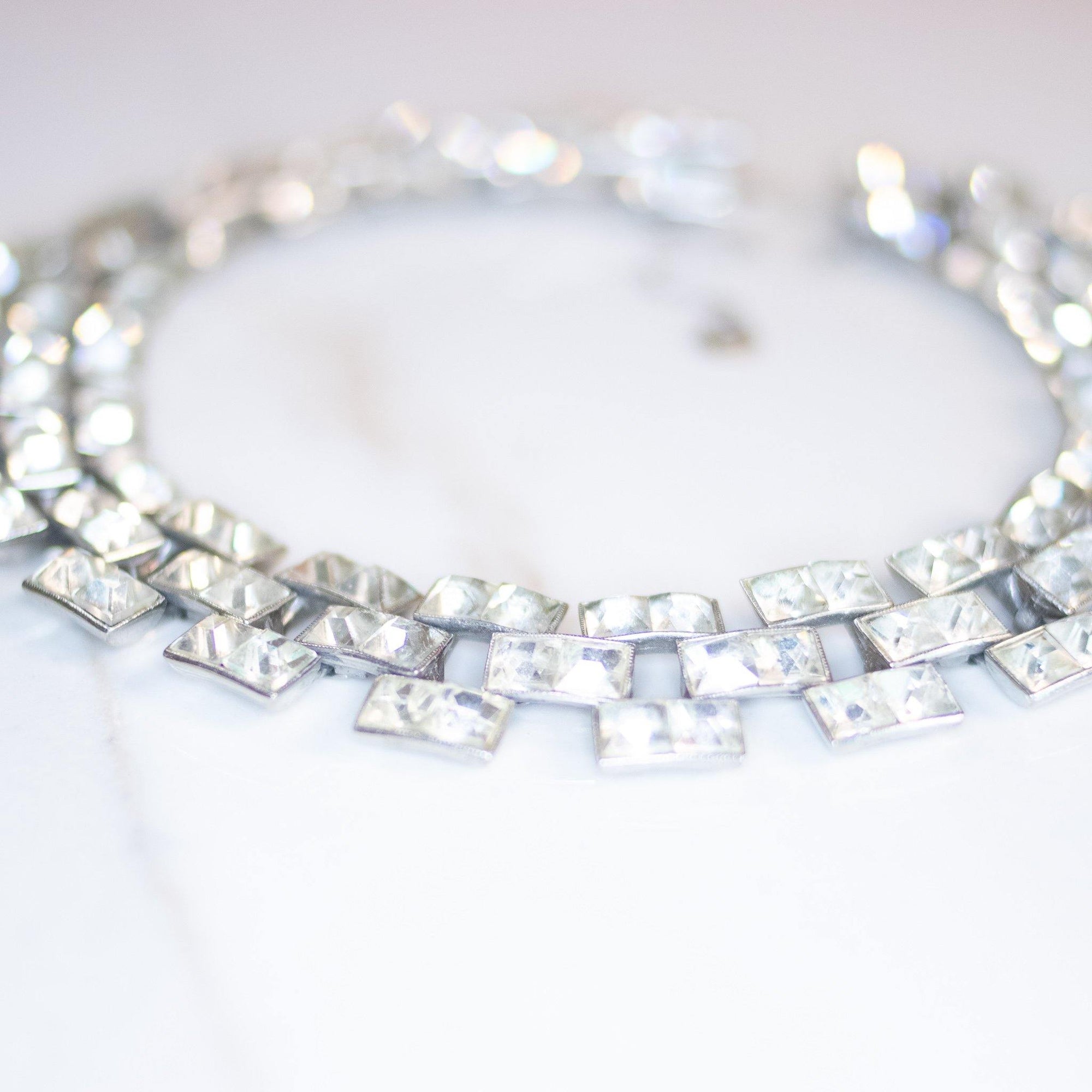 Vintage Art Deco Channel Set Princess Cut Crystal Statement Necklace by Unsigned Beauty - Vintage Meet Modern Vintage Jewelry - Chicago, Illinois - #oldhollywoodglamour #vintagemeetmodern #designervintage #jewelrybox #antiquejewelry #vintagejewelry
