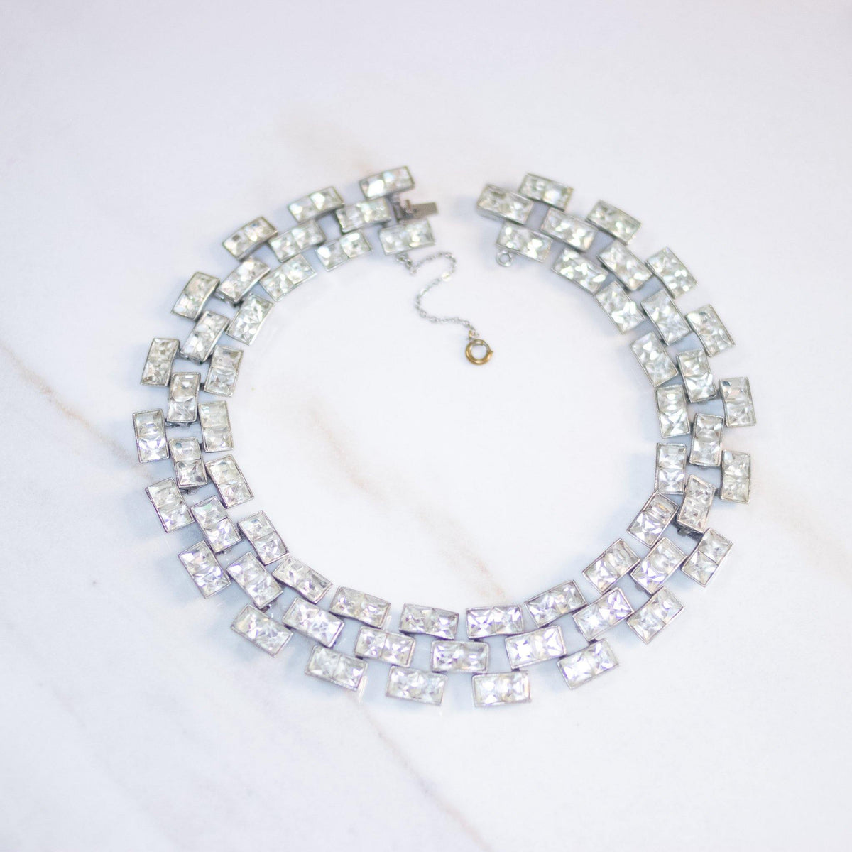 Vintage Art Deco Channel Set Princess Cut Crystal Statement Necklace