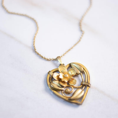 Vintage Art Nouveau Heart with Flowers Necklace by LS Co. - Vintage Meet Modern Vintage Jewelry - Chicago, Illinois - #oldhollywoodglamour #vintagemeetmodern #designervintage #jewelrybox #antiquejewelry #vintagejewelry