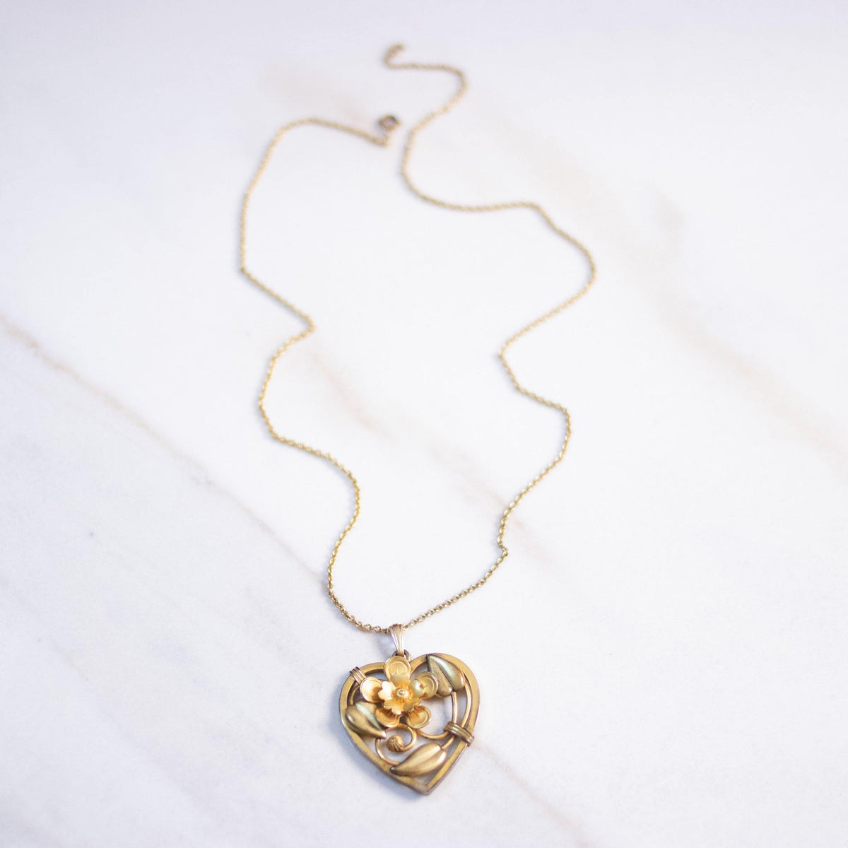 Vintage Art Nouveau Heart with Flowers Necklace