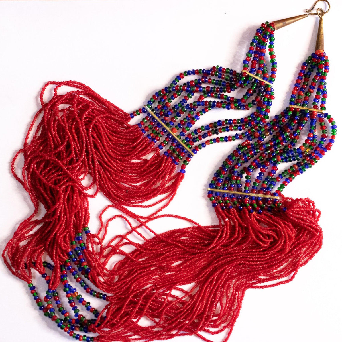 Vintage Artisan Multi-Strand Red Blue, Green Glass Statement Necklace