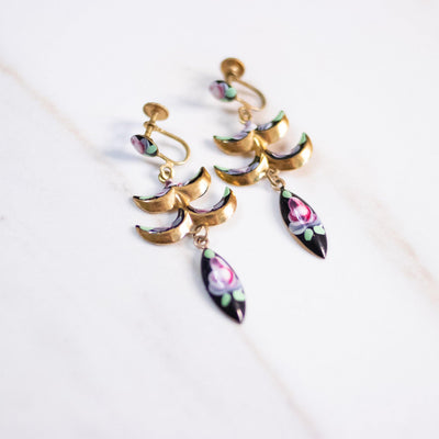 Vintage Black and Pink Rose Guilloche Dangling Statement  Earrings by Unsigned Beauty - Vintage Meet Modern Vintage Jewelry - Chicago, Illinois - #oldhollywoodglamour #vintagemeetmodern #designervintage #jewelrybox #antiquejewelry #vintagejewelry