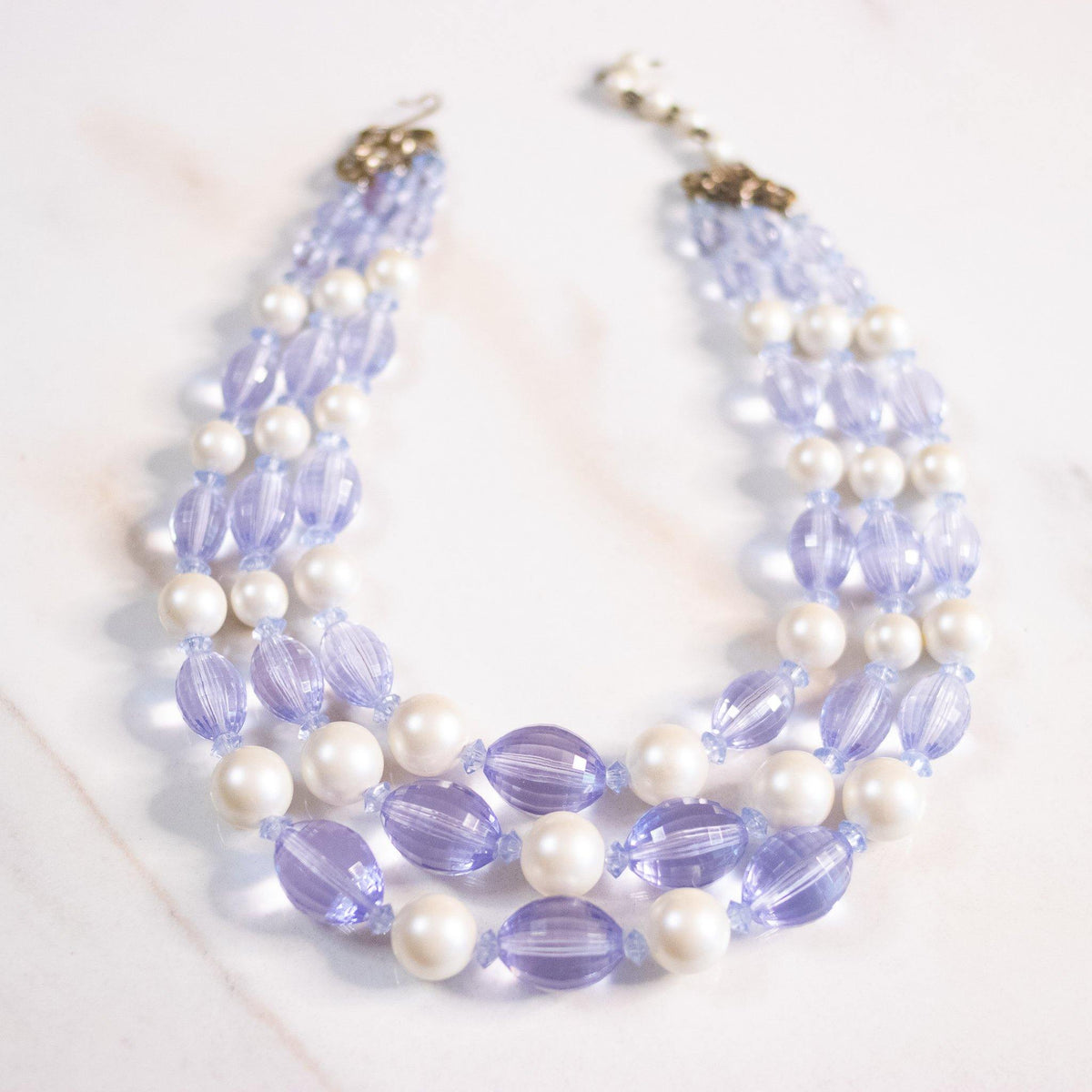 Vintage Blue Lucite and Faux Pearl Chunky Triple Strand Bead Necklace